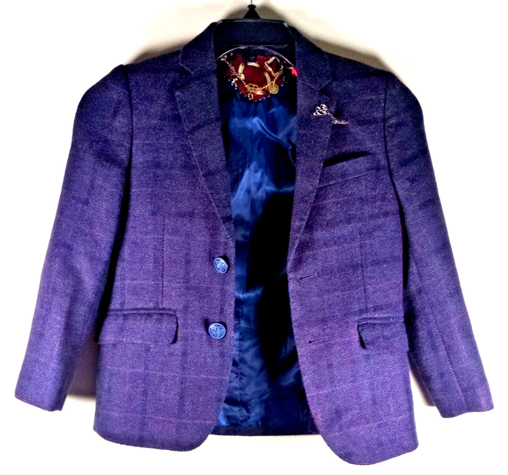 Elie Ballen Blazer Kids Boys Large 6/7 Purple Tweed Plaid Two Button Suit Italy